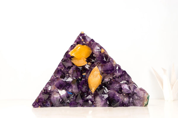 Amethyst Cluster with Rare Orange Scalenohedral Calcite – Large Triangular Formation - E2D Crystals & Minerals