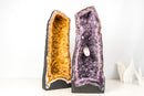 Matching Pair Amethyst & Citrine Cathedral Geodes - Purple Amethyst with Intact Calcite + Orange Citrine (72 lb / 19 In Tall) - E2D Crystals & Minerals