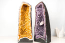 Matching Pair Amethyst & Citrine Cathedral Geodes - Purple Amethyst with Intact Calcite + Orange Citrine (72 lb / 19 In Tall) - E2D Crystals & Minerals