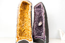 Matching Pair Amethyst & Citrine Cathedral Geodes - Purple Amethyst with Intact Calcite + Orange Citrine (72 lb / 19 In Tall) - E2D Crystals & Minerals