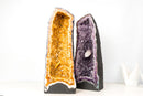Matching Pair Amethyst & Citrine Cathedral Geodes - Purple Amethyst with Intact Calcite + Orange Citrine (72 lb / 19 In Tall) - E2D Crystals & Minerals