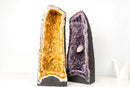Matching Pair Amethyst & Citrine Cathedral Geodes - Purple Amethyst with Intact Calcite + Orange Citrine (72 lb / 19 In Tall) - E2D Crystals & Minerals