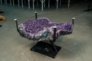 Large Amethyst Coffee Table – Dark Purple Crystal Geode on Custom Metal Stand