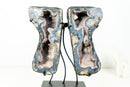 Rare Blue Lace Agate Butterfly Geode Pair – Intact Bookmatched Formation with Calcite, Stalactites & Natural Landscape Patterns