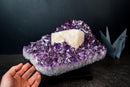 Collector-Grade Amethyst Cluster with Large Pseudo-Cubic Tabular Calcite – Cabinet Specimen (3.8 kg | 8.3 lb)