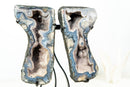 Rare Blue Lace Agate Butterfly Geode Pair – Intact Bookmatched Formation with Calcite, Stalactites & Natural Landscape Patterns