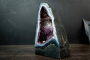 Rare Blue Lace Agate Geode with White Bands, Stalactite Flower & Galaxy Amethyst Druzy – Gallery-Quality Collector’s Piece (9 in | 8 lb)