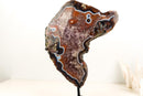Rare Black and White Lace Agate Slice with Red Amethyst Druzy & Natural Agate Eyes – Large Collector Specimen on Stand