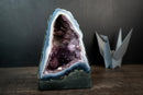 Rare Blue Lace Agate Geode with White Bands, Stalactite Flower & Galaxy Amethyst Druzy – Gallery-Quality Collector’s Piece (9 in | 8 lb)