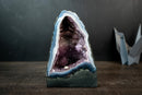 Rare Blue Lace Agate Geode with White Bands, Stalactite Flower & Galaxy Amethyst Druzy – Gallery-Quality Collector’s Piece (9 in | 8 lb)