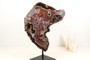 Rare Black and White Lace Agate Slice with Red Amethyst Druzy & Natural Agate Eyes – Large Collector Specimen on Stand