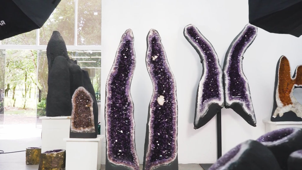 Majestic Pair of High-Grade Amethyst Geodes: 5.7 Feet Tall with Pure, Deep Purple Amethyst Druzy