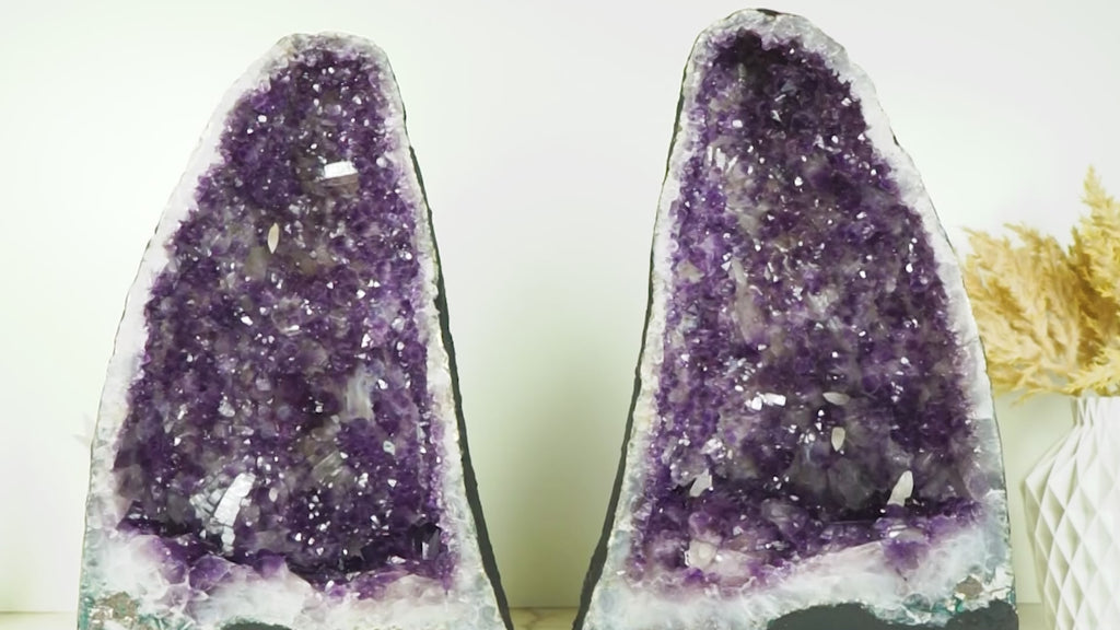 Pair of Book matching Deep Purple Amethyst Geode with Rare Flower-Like, Dual-Colored Zone Amethyst Points and Calcite Inclusion