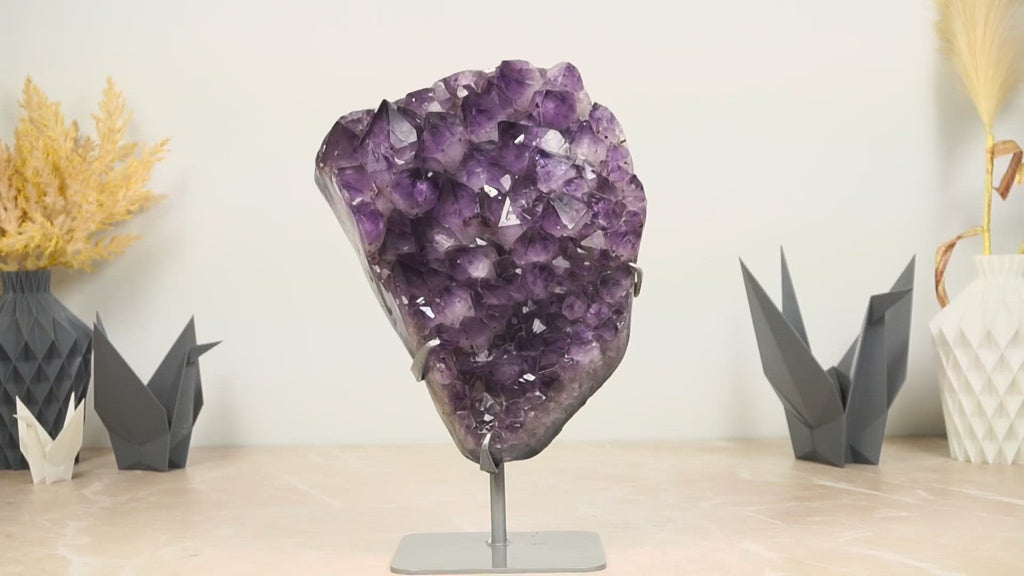 Amethyst Cluster with Large Amethyst Druzy and Golden Goethite Inclusions on Display Stand