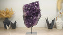 Large Amethyst Cluster with Unique Formed Amethyst Druzy and Golden Goethite Inclusions on Display Stand