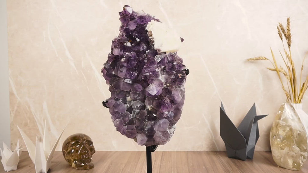 Rare Amethyst Cluster with Galaxy Druzy Sugar Coat, Calcite and Golden Goethite