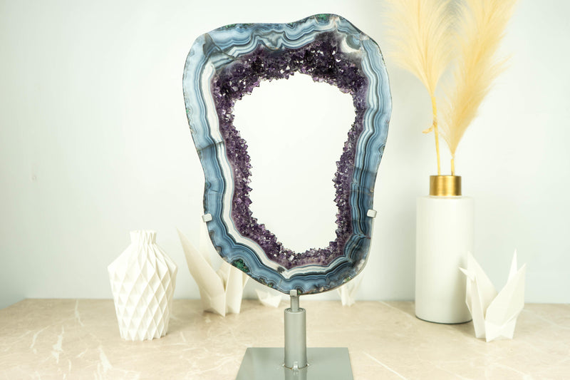 Spectacular Blue Lace Agate Geode Slice with Dark Amethyst Druzy