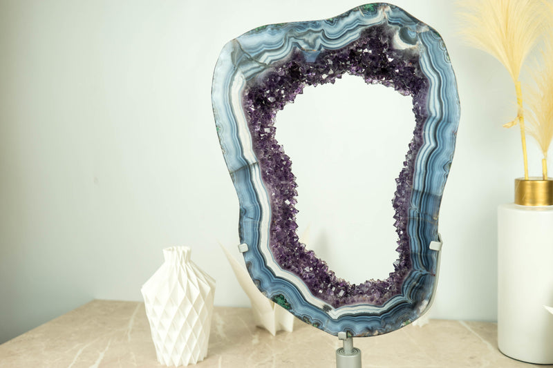 Spectacular Blue Lace Agate Geode Slice with Dark Amethyst Druzy