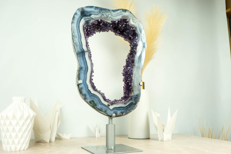 Spectacular Blue Lace Agate Geode Slice with Dark Amethyst Druzy