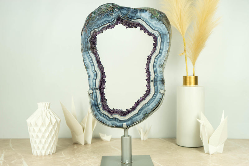 Spectacular Blue Lace Agate Geode Slice with Dark Amethyst Druzy