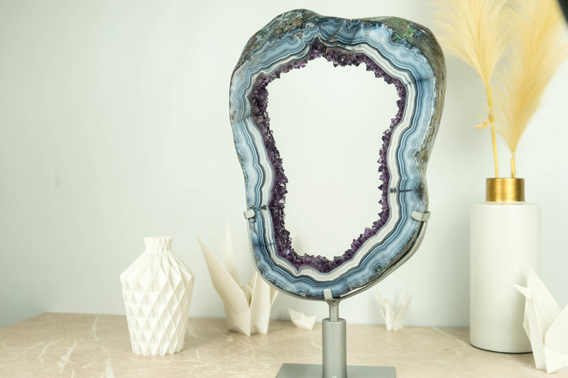 Spectacular Blue Lace Agate Geode Slice with Dark Amethyst Druzy