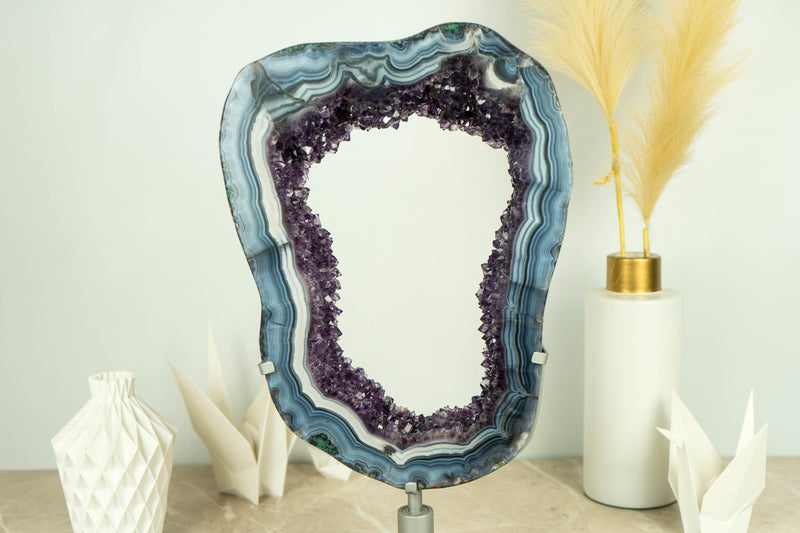 Spectacular Blue Lace Agate Geode Slice with Dark Amethyst Druzy