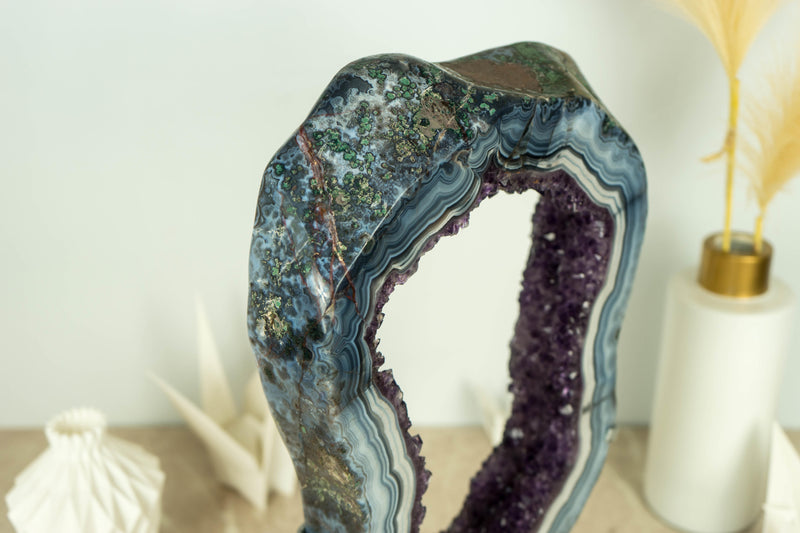 Spectacular Blue Lace Agate Geode Slice with Dark Amethyst Druzy