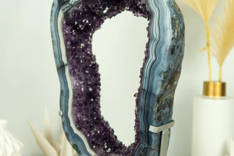 Spectacular Blue Lace Agate Geode Slice with Dark Amethyst Druzy