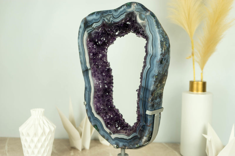 Spectacular Blue Lace Agate Geode Slice with Dark Amethyst Druzy