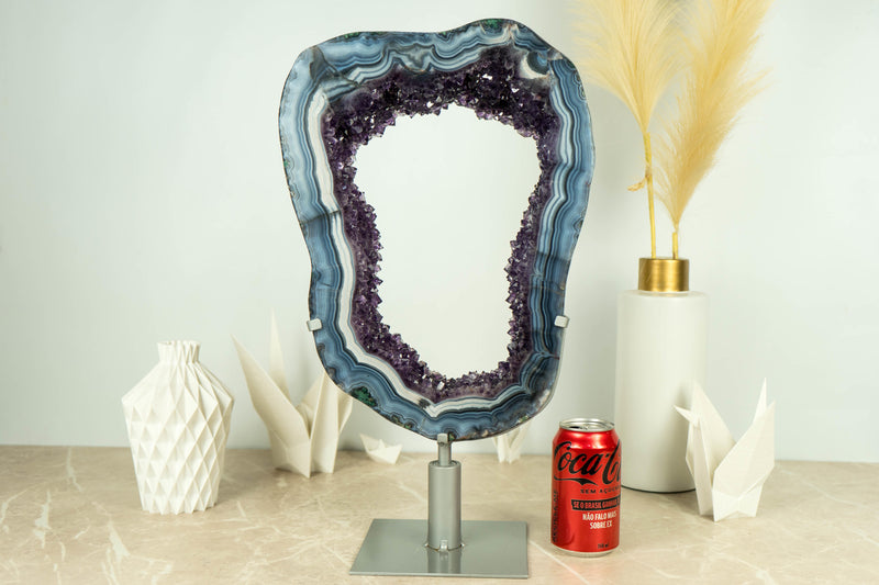 Spectacular Blue Lace Agate Geode Slice with Dark Amethyst Druzy