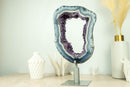 World-Class White and Blue Lace Agate Geode Slice with Deep Purple Amethyst Druzy