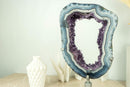 World-Class White and Blue Lace Agate Geode Slice with Deep Purple Amethyst Druzy