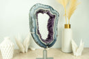 World-Class White and Blue Lace Agate Geode Slice with Deep Purple Amethyst Druzy