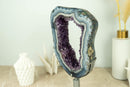 World-Class White and Blue Lace Agate Geode Slice with Deep Purple Amethyst Druzy