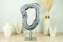 World-Class White and Blue Lace Agate Geode Slice with Deep Purple Amethyst Druzy