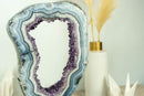 World-Class White and Blue Lace Agate Geode Slice with Deep Purple Amethyst Druzy