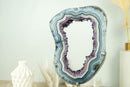 World-Class White and Blue Lace Agate Geode Slice with Deep Purple Amethyst Druzy