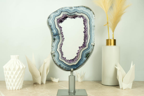 World-Class White and Blue Lace Agate Geode Slice with Deep Purple Amethyst Druzy