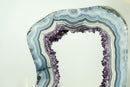 World-Class White and Blue Lace Agate Geode Slice with Deep Purple Amethyst Druzy