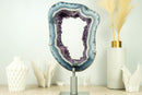 World-Class White and Blue Lace Agate Geode Slice with Deep Purple Amethyst Druzy
