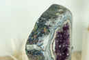 World-Class White and Blue Lace Agate Geode Slice with Deep Purple Amethyst Druzy