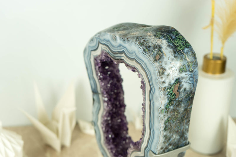 World-Class White and Blue Lace Agate Geode Slice with Deep Purple Amethyst Druzy