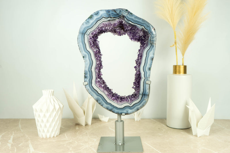 Rare White and Blue Lace Agate Geode Slice with Deep Purple Amethyst Druzy