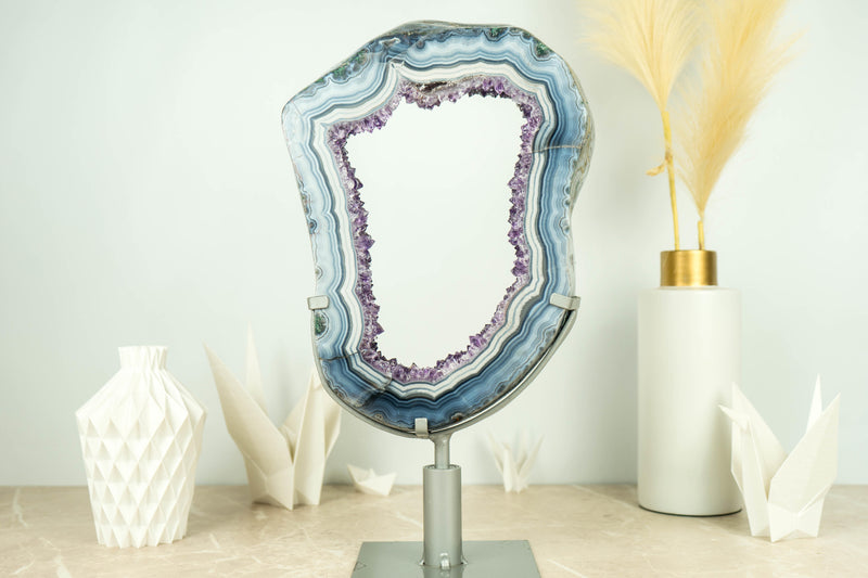 Rare White and Blue Lace Agate Geode Slice with Deep Purple Amethyst Druzy