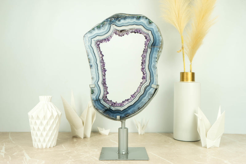Rare White and Blue Lace Agate Geode Slice with Deep Purple Amethyst Druzy