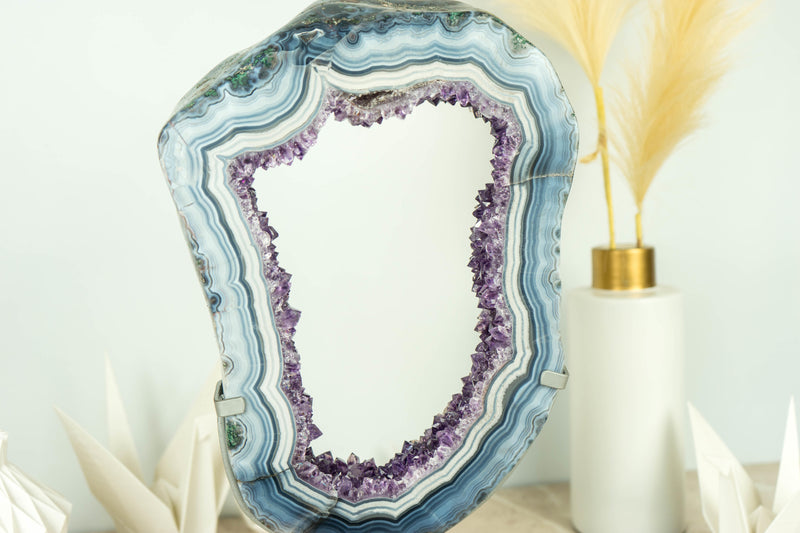 Rare White and Blue Lace Agate Geode Slice with Deep Purple Amethyst Druzy