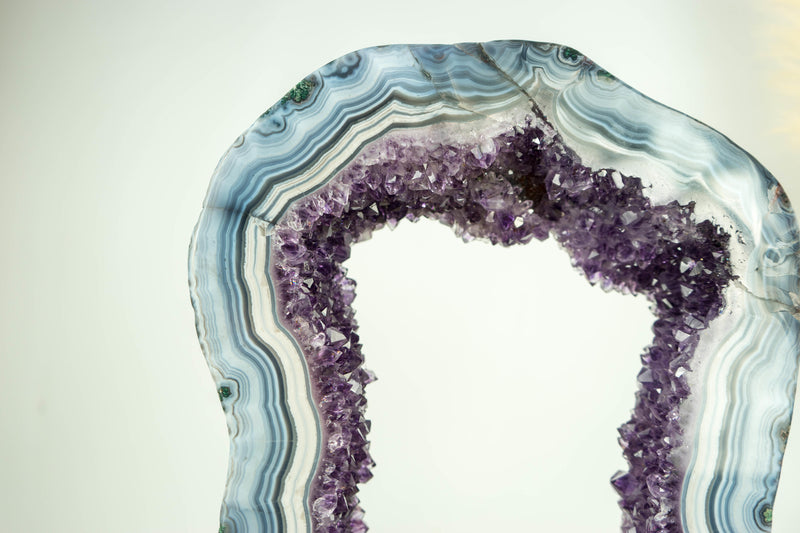 Rare White and Blue Lace Agate Geode Slice with Deep Purple Amethyst Druzy