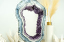 Rare White and Blue Lace Agate Geode Slice with Deep Purple Amethyst Druzy
