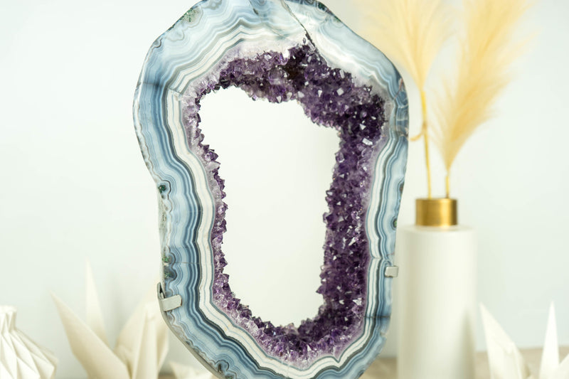 Rare White and Blue Lace Agate Geode Slice with Deep Purple Amethyst Druzy