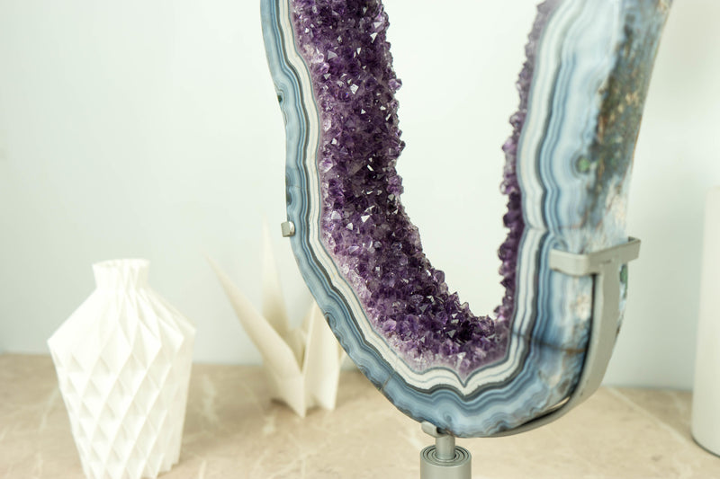 Rare White and Blue Lace Agate Geode Slice with Deep Purple Amethyst Druzy